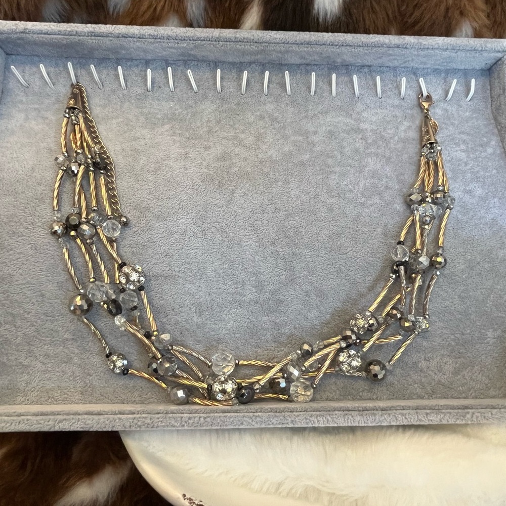 Chico's Hestia Necklace- Gold Tone, Multi Stranded, Crystals, Faux Stones